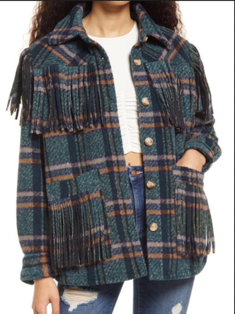 Blank NYC Teal Green Plaid Fringe Shirt Jacket Sz L